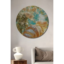 Teona Ahşap Yağlı Boya Görünümlü Kır Croissant ve Çiçek Sanat Tablosu Yuvarlak Duvar Tablosu