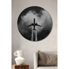 Teona Ahşap Siyah Beyaz Uçak Silüeti Kara Kalem Görünümlü Dekoratif Ahşap Tablo Yuvarlak Duvar Tablosu