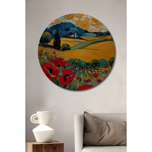 Teona Ahşap Hasır Çiçek Tarlası Yağlı Boya Görünümlü Ahşap Tablo Yuvarlak Duvar Tablosu