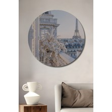 Teona Ahşap Romantik Paris Manzaralı Beyaz Çiçekli Yağlı Boya Görünümlü Dekoratif Ahşap Tablo Yuvarlak Duvar Tablosu