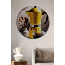 Teona Ahşap Canlı Sarı Moka Pot Kahve Keyfi Sulu Boya Görünümlü Ahşap Tablo Yuvarlak Duvar Tablosu