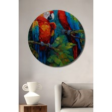 Teona Ahşap Büyüleyici Papağan Çifti Yağlı Boya Görünümlü Ahşap Dekoratif Tablo Yuvarlak Duvar Tablosu