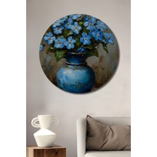 Teona Ahşap Masmavi Unutma Beni Çiçekleri Yağlı Boya Görünümlü Ahşap Dekoratif Tablo Yuvarlak Duvar Tablosu