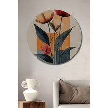 Teona Ahşap Modern Sanat Kırmızı ve Sarı Çiçekler Sulu Boya Görünümlü Ahşap Dekoratif Tablo Yuvarlak Duvar Tablosu
