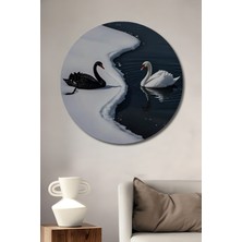 Teona Ahşap Kuğu Aşkı Yağlı Boya Görünümlü Ahşap Dekoratif Tablo Yuvarlak Duvar Tablosu