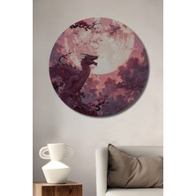 Teona Ahşap Ejderha Dolunay Kiraz Çiçekleri Yağlı Boya Görünümlü Dekoratif Ahşap Tablo Yuvarlak Duvar Tablosu