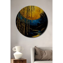 Teona Ahşap Altın Dolunaylı Saklı Nehir Sulu Boya Görünümlü Dekoratif Ahşap Tablo Yuvarlak Duvar Tablosu