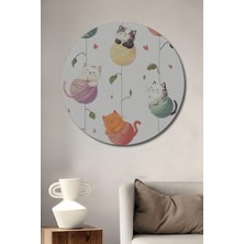 Teona Ahşap Sevimli Kedi Baskısı Sulu Boya Görünümlü Dekoratif Ahşap Tablo Yuvarlak Duvar Tablosu