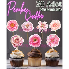 Hiras Dizayn 20 Adet Pembe Çiçekler Kürdanlı Süs Seti Cupcake Pasta Kurabiye Kokteyl Sunum Süsleri