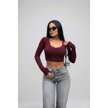 Windy Island Kadın Uzun Kollu V Yaka Parmak Geçirmeli Likralı Crop Top