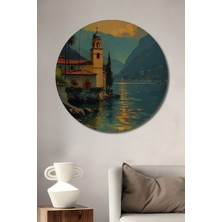 Teona Ahşap Göl Kenarı Villası Manzarası Yağlı Boya Görünümlü Ahşap Dekoratif Tablo Yuvarlak Duvar Tablosu