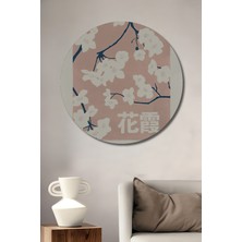 Teona Ahşap Beyaz Kiraz Çiçekleri ve Koyu Mavi Dalları Ahşap Dekoratif Tablo Yuvarlak Duvar Tablosu