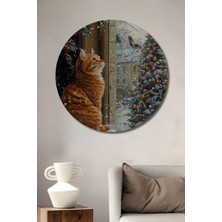 Teona Ahşap Kış Manzarası Sakini Turuncu Kedi Yağlı Boya Görünümlü Ahşap Tablo Yuvarlak Duvar Tablosu