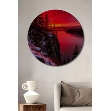 Teona Ahşap Büyülü Kış Gün Batımı Yağlı Boya Görünümlü Ahşap Dekoratif Tablo Yuvarlak Duvar Tablosu