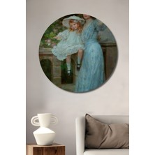 Teona Ahşap Anne ve Çocuk Bahçede Yağlı Boya Görünümlü Dekoratif Ahşap Tablo Yuvarlak Duvar Tablosu