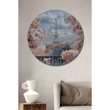 Teona Ahşap Eiffel Kulesi Çiçek Açmış Kiraz Ağaçları ve Pembe Bisiklet Yağlı Boya Görünümlü Dekoratif Ahşap Tablo Yuvarlak Duvar Tablosu
