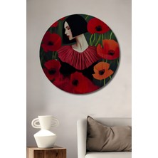 Teona Ahşap Kırmızı Gelincik Aşkı Yağlı Boya Görünümlü Kadın Tablosu Yuvarlak Duvar Tablosu