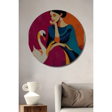 Teona Ahşap Kadın ve Kuğu Yağlı Boya Görünümlü Modern Sanat Ahşap Dekoratif Tablo Yuvarlak Duvar Tablosu