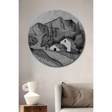 Teona Ahşap Tek Renkli Desenli Kırsal Evler ve Dağlar Baskı Ahşap Tablo Yuvarlak Duvar Tablosu