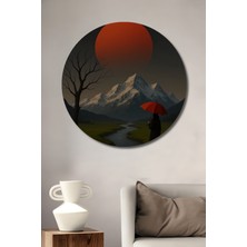 Teona Ahşap Devasa Gün Batımı ve Şemsiyeli Kadın Tablosu Yuvarlak Duvar Tablosu