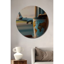 Teona Ahşap Dünya Haritası Desenli Kahve Bardağı Yağlı Boya Görünümlü Ahşap Dekoratif Tablo Yuvarlak Duvar Tablosu