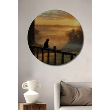 Teona Ahşap Siyah Kedi ve Sıcak Kahve Gün Batımı Manzarası Yağlı Boya Görünümlü Ahşap Dekoratif Tablo Yuvarlak Duvar Tablosu