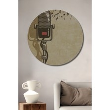 Teona Ahşap Retro Mikrofon ve Müzik Notaları Yağlı Boya Görünümlü Ahşap Dekoratif Tablo Yuvarlak Duvar Tablosu