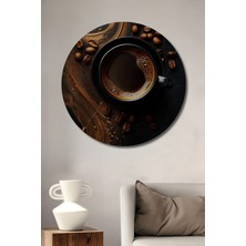 Teona Ahşap Kahve Kokulu Altın Esintisi Yağlı Boya Görünümlü Dekoratif Ahşap Tablo Yuvarlak Duvar Tablosu