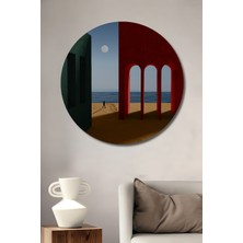 Teona Ahşap Kırmızı Kemerli Sahil Manzarası Tek Başına Yürüyen Adam Yağlı Boya Görünümlü Ahşap Dekoratif Tablo Yuvarlak Duvar Tablosu