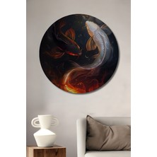 Teona Ahşap Ateş ve Su Koi Balığı Yağlı Boya Görünümlü Ahşap Dekoratif Tablo Yuvarlak Duvar Tablosu