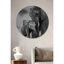 Teona Ahşap Annelik Sevgisi Fil Ailesi Siyah Beyaz Görünümlü Ahşap Dekoratif Tablo Yuvarlak Duvar Tablosu