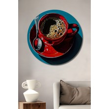 Teona Ahşap Canlı Kırmızı Kahve Bardağı Yağlı Boya Görünümlü Ahşap Dekoratif Tablo Yuvarlak Duvar Tablosu