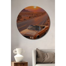 Teona Ahşap Klasik Otomobil Gün Batımı Manzarası Yağlı Boya Görünümlü Ahşap Dekoratif Tablo Yuvarlak Duvar Tablosu