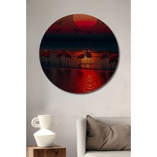 Teona Ahşap Flamingolar Gün Batımı Yağlı Boya Görünümlü Ahşap Dekoratif Tablo Yuvarlak Duvar Tablosu