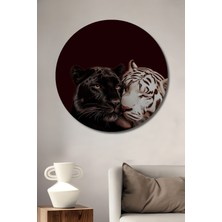 Teona Ahşap Aslan Kaplan Aşkı Yağlı Boya Görünümlü Ahşap Dekoratif Tablo Yuvarlak Duvar Tablosu