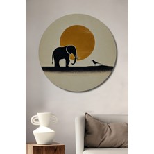 Teona Ahşap Afrika Gün Batımı Fil ve Kuş Ahşap Dekoratif Tablo Yuvarlak Duvar Tablosu