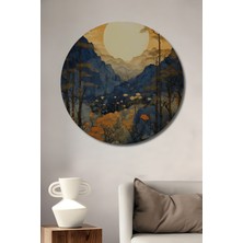 Teona Ahşap Muhteşem Gün Batımı ve Yamaçlar Sulu Boya Görünümlü Ahşap Dekoratif Tablo Yuvarlak Duvar Tablosu