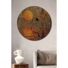 Teona Ahşap Sulu Boya Görünümlü Güneşli Gölde Kuş Sanat Tablosu Ahşap Dekoratif Tablo Yuvarlak Duvar Tablosu