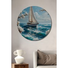 Teona Ahşap Yelkenli Tekne ve Beyaz Çiçekler Yağlı Boya Görünümlü Dekoratif Ahşap Tablo Yuvarlak Duvar Tablosu