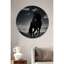 Teona Ahşap Gece Ay Işığında Koşan Cesur Siyah At Yağlı Boya Görünümlü Ahşap Dekoratif Tablo Yuvarlak Duvar Tablosu