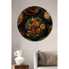 Teona Ahşap Lezzetli Tavuk Ziyafeti Yağlı Boya Görünümlü Dekoratif Ahşap Tablo Yuvarlak Duvar Tablosu