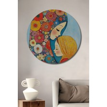 Teona Ahşap Anne Çocuk Sevgi Çiçek Tarlası Sulu Boya Görünümlü Ahşap Dekoratif Tablo Yuvarlak Duvar Tablosu