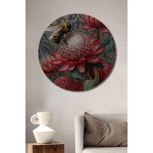 Teona Ahşap Arı ve Protea Çiçekleri Yağlı Boya Görünümlü Ahşap Dekoratif Tablo Yuvarlak Duvar Tablosu