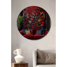 Teona Ahşap Koyu Kırmızı Çiçek Bahçesi Görünümlü Yağlı Boya Tablo Yuvarlak Duvar Tablosu