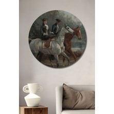 Teona Ahşap Osmanlı Dönemi Hanımefendisi ve Beyefendisi At Gezisi Yağlı Boya Görünümlü Dekoratif Ahşap Tablo Yuvarlak Duvar Tablosu