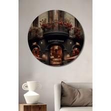 Teona Ahşap Romantik Avrupa Sokakları Kahve Dükkanı Yağlı Boya Görünümlü Ahşap Dekoratif Tablo Yuvarlak Duvar Tablosu