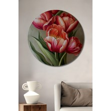 Teona Ahşap Koyu Kırmızı Pembe Tonlarda Canlı Lale Buketi Yağlı Boya Görünümlü Ahşap Dekoratif Tablo Yuvarlak Duvar Tablosu