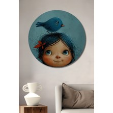 Teona Ahşap Mavi Kuşlu Kız Sulu Boya Görünümlü Dekoratif Ahşap Tablo Yuvarlak Duvar Tablosu
