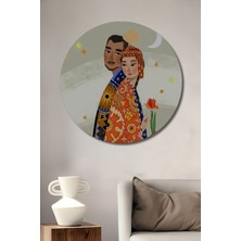 Teona Ahşap Türk Kültürü Sanatçı Çift Sulu Boya Görünümlü Ahşap Dekoratif Tablo Yuvarlak Duvar Tablosu