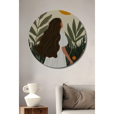 Teona Ahşap Kadın ve Güneşli Bahçe Dijital Baskı Tablo Yuvarlak Duvar Tablosu